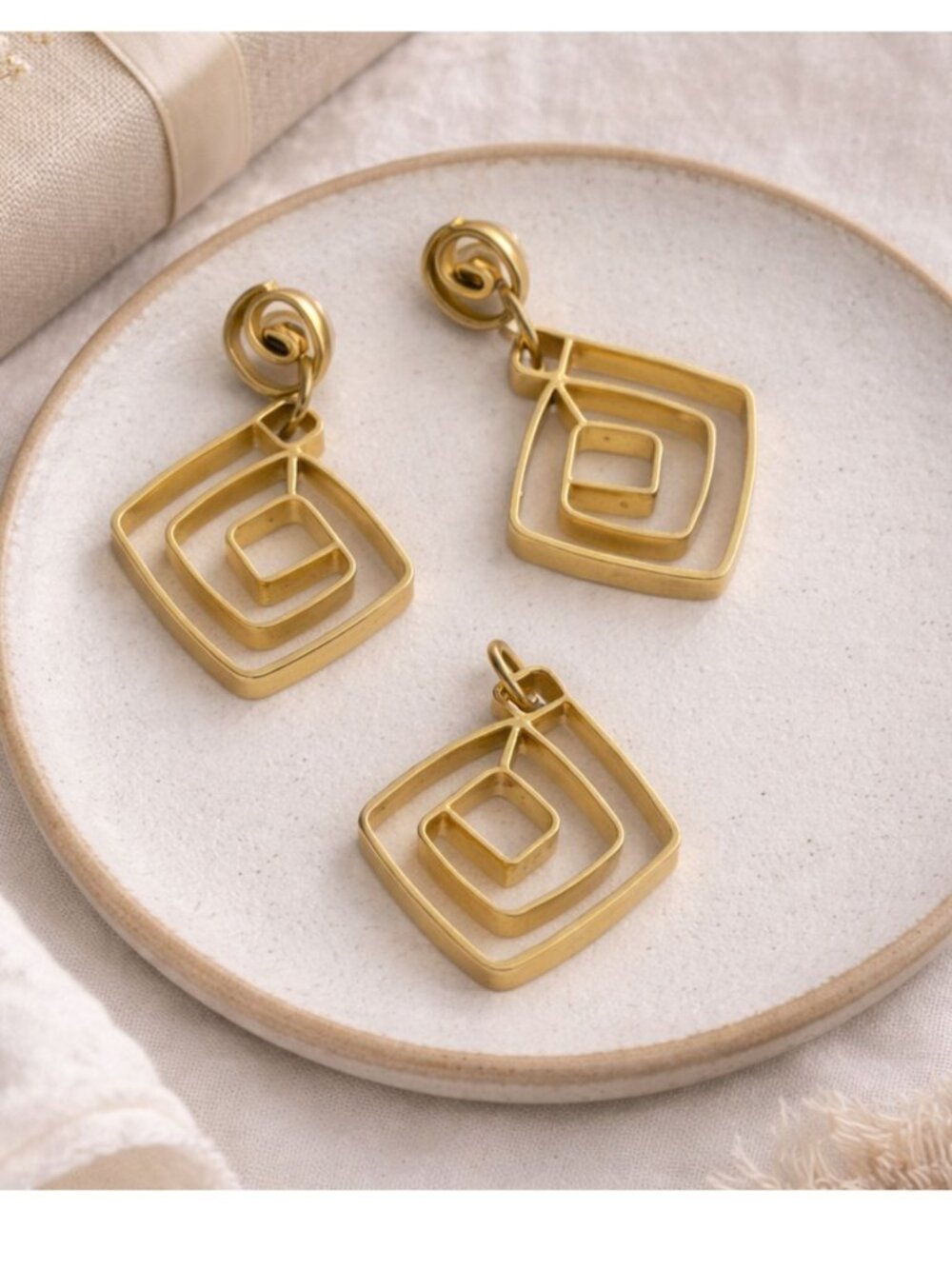 Gold Geometric Jewelry Set, Statement Square Drop Earrings & Pendant Necklace, M
